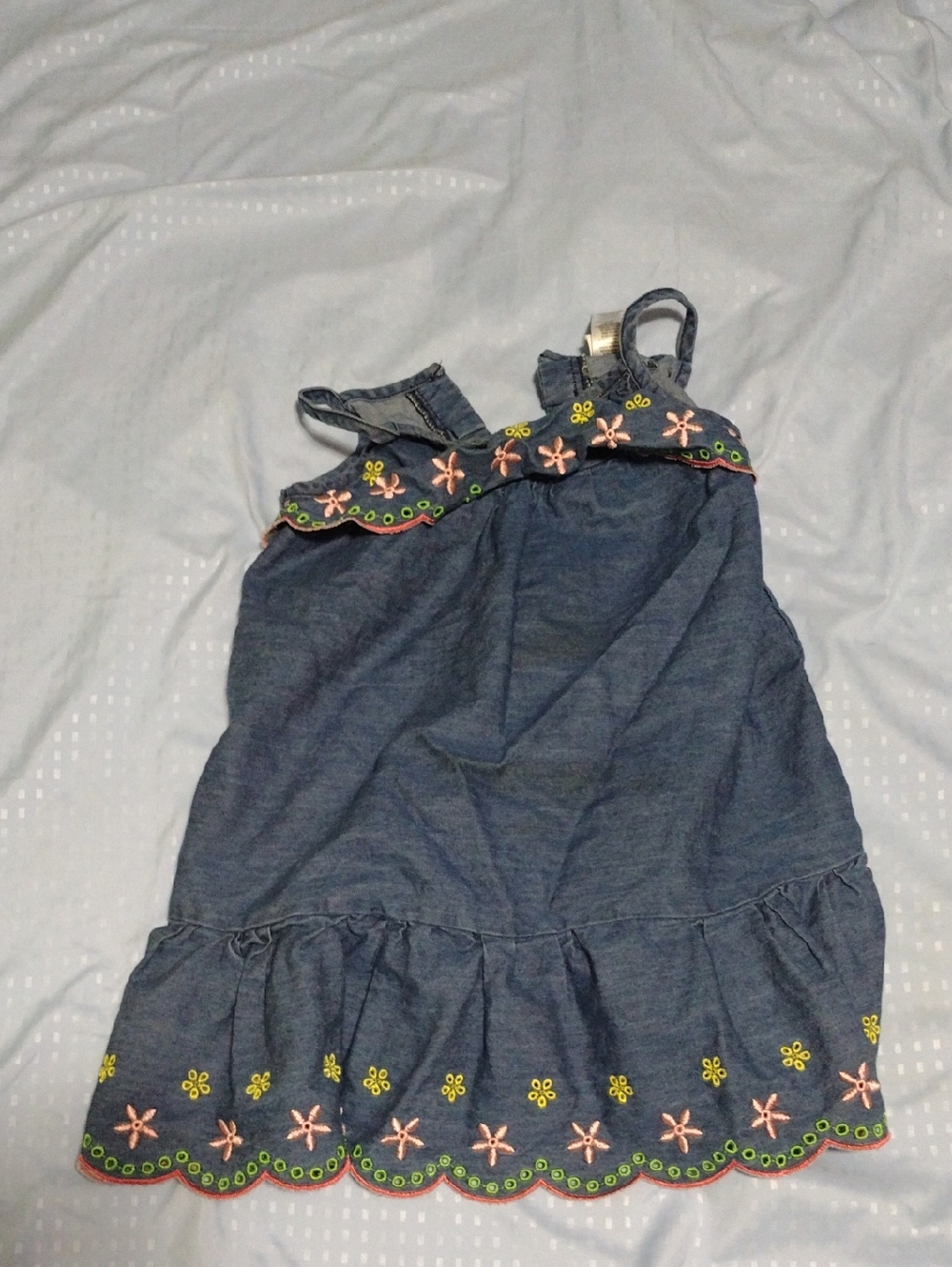 Little Me Denim-look Baby Dress with Pink and Green Embroidery